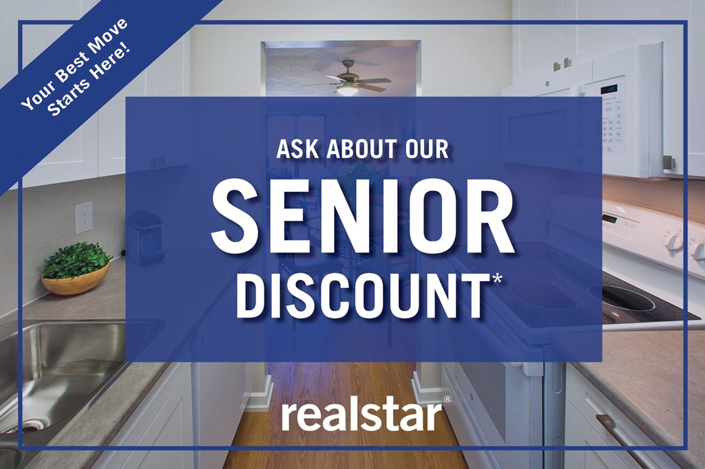 a remodeled kitchen with the text ask about our senior discount