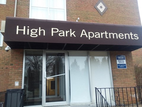 High Park Apartments front door awning in Sarnia, ON