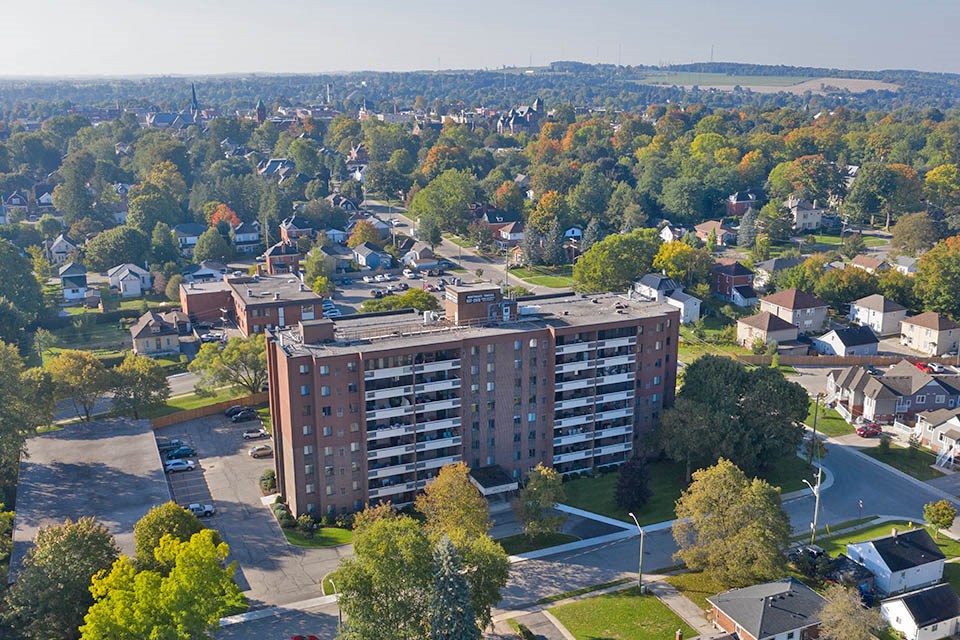 Northgate Towers in Woodstock, ON exterior drone view