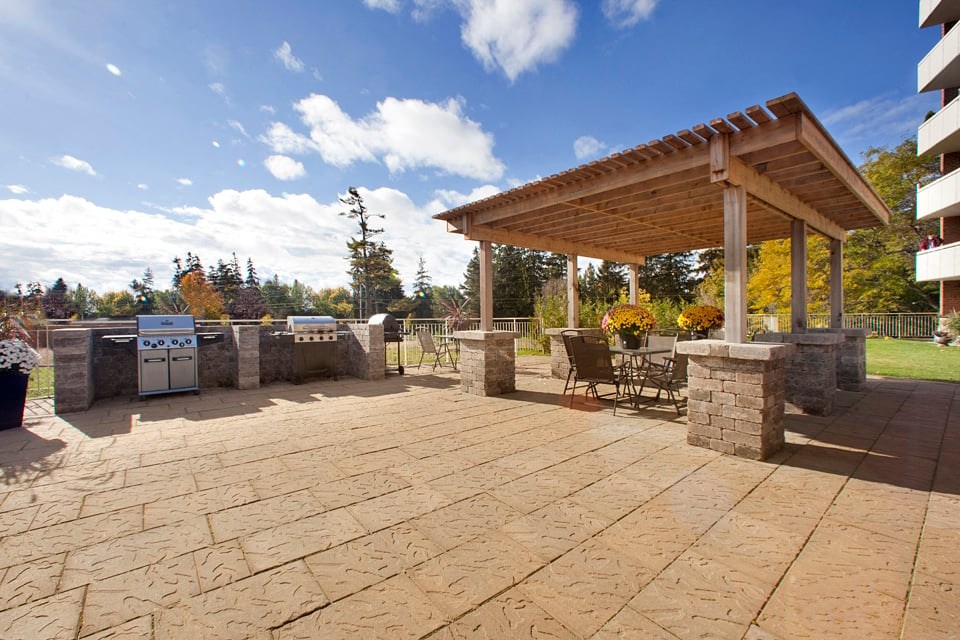 Northumberland Place patio with BBQs and gazebo with patio furniture in Port Hope, ON