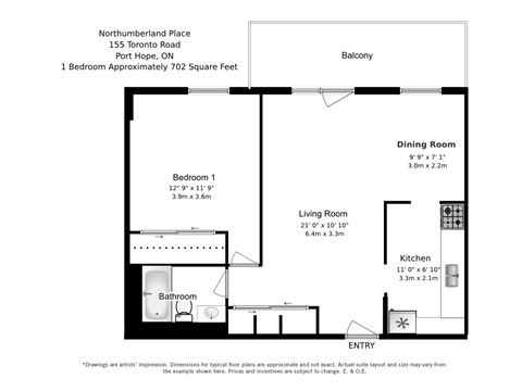 One bedroom, one bathroom apartment layout at Northumberland Place in Port Hope, ON