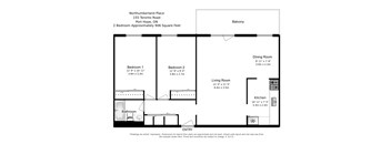 Two bedroom, one bathroom apartment layout at Northumberland Place in Port Hope, ON