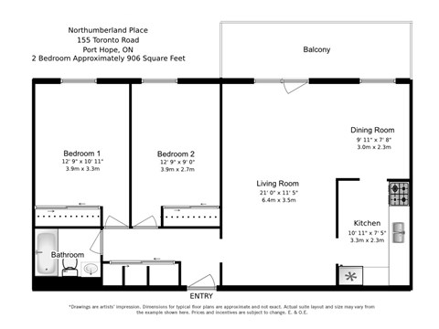 Two bedroom, one bathroom apartment layout at Northumberland Place in Port Hope, ON