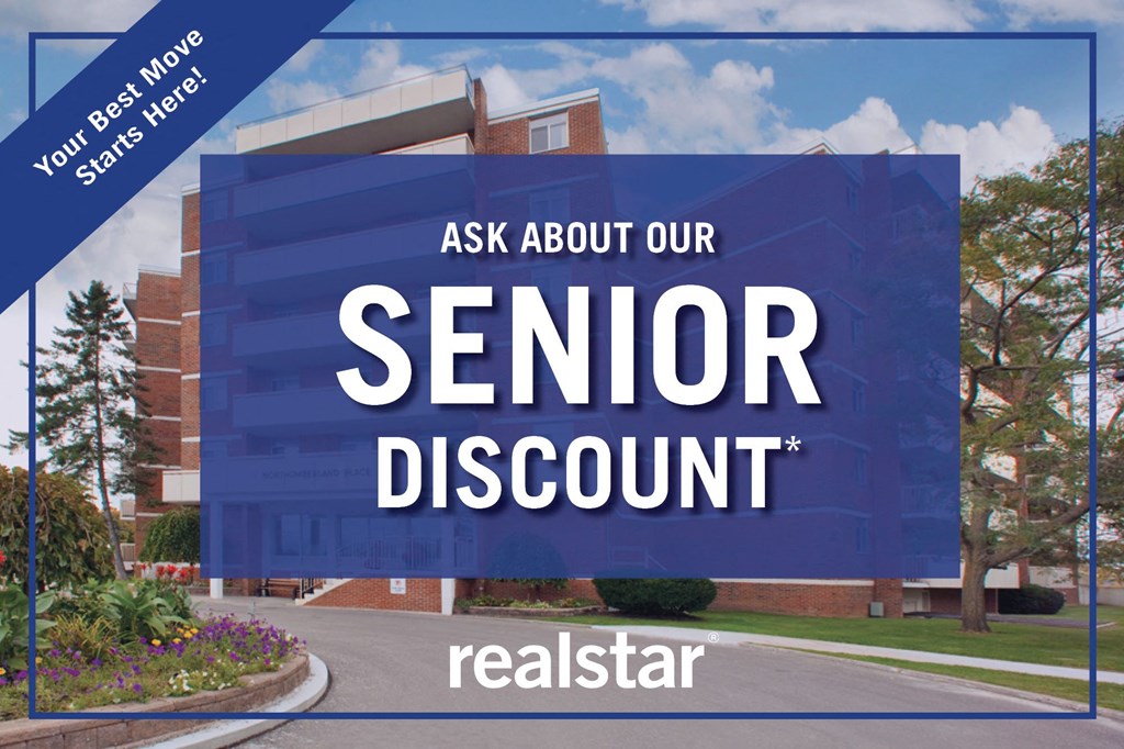 a blue sign that says ask about our senior discount