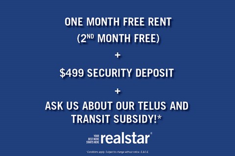 A promotional image for realstar offering a free rent for the second month and a security deposit of $499.