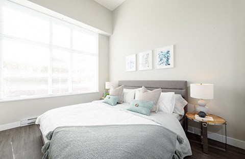 Bedroom with open blinds, allowing the sunlight to filter onto the bed