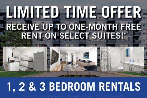 A promotional image for a limited time offer of free rent for select suites.