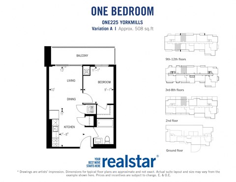 One bedroom, one bathroom apartment layout at One225 Yorkmills Apartments in Toronto, ON