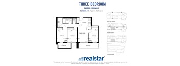 Three bedroom, two bathroom apartment layout at One225 Yorkmills Apartments in Toronto, ON
