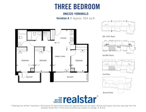 Three bedroom, two bathroom apartment layout at One225 Yorkmills Apartments in Toronto, ON