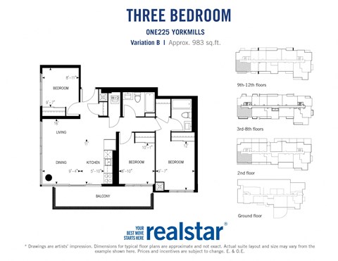 Three bedroom, two bathroom apartment layout at One225 Yorkmills Apartments in Toronto, ON