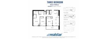 A floor plan for a three bedroom ONE225 Yorkmills Variation C 1 apartment.