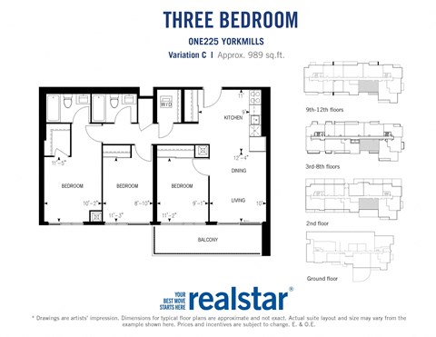 Three bedroom, two bathroom apartment layout at One225 Yorkmills Apartments in Toronto, ON