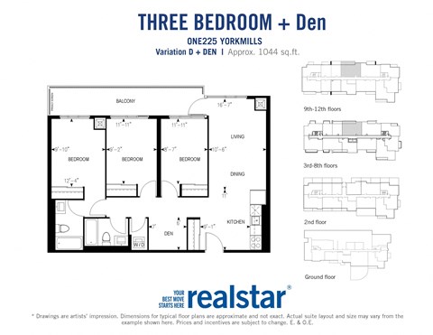 Three bedroom den, two bathroom apartment layout at One225 Yorkmills Apartments in Toronto, ON