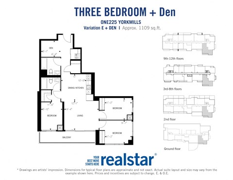 Three bedroom den, two bathroom apartment layout at One225 Yorkmills Apartments in Toronto, ON