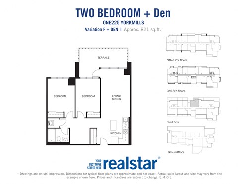 Two bedroom den, one bathroom apartment layout at One225 Yorkmills Apartments in Toronto, ON