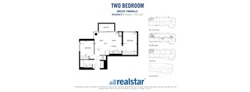 Two bedroom, one bathroom apartment layout at One225 Yorkmills Apartments in Toronto, ON