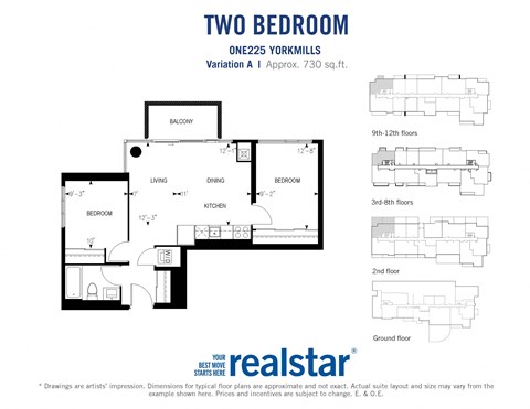 Two bedroom, one bathroom apartment layout at One225 Yorkmills Apartments in Toronto, ON