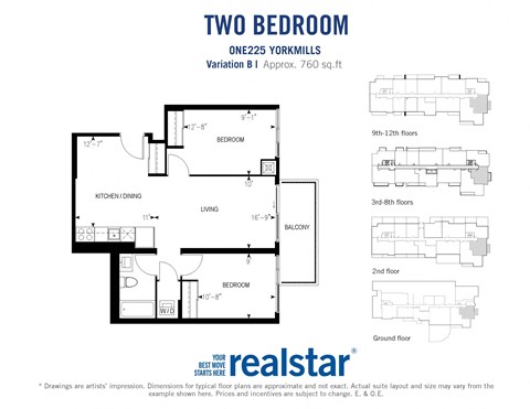 Two bedroom, one bathroom apartment layout at One225 Yorkmills Apartments in Toronto, ON