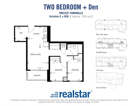 Two bedroom den, one bathroom apartment layout at One225 Yorkmills Apartments in Toronto, ON