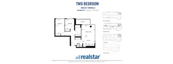 Two bedroom, one bathroom apartment layout at One225 Yorkmills Apartments in Toronto, ON