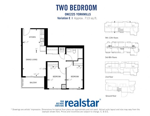 Two bedroom, one bathroom apartment layout at One225 Yorkmills Apartments in Toronto, ON