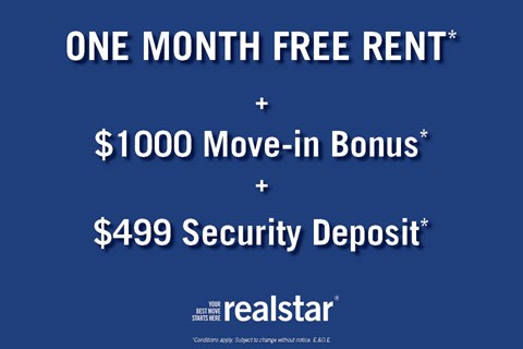 A promotional image for real estate with a blue background offering a free rent for one month, a $1000 move-in bonus, and a $499 security deposit.