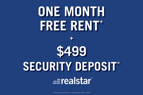An advertisement for a one month free rent and $499 security deposit offer from realstar.