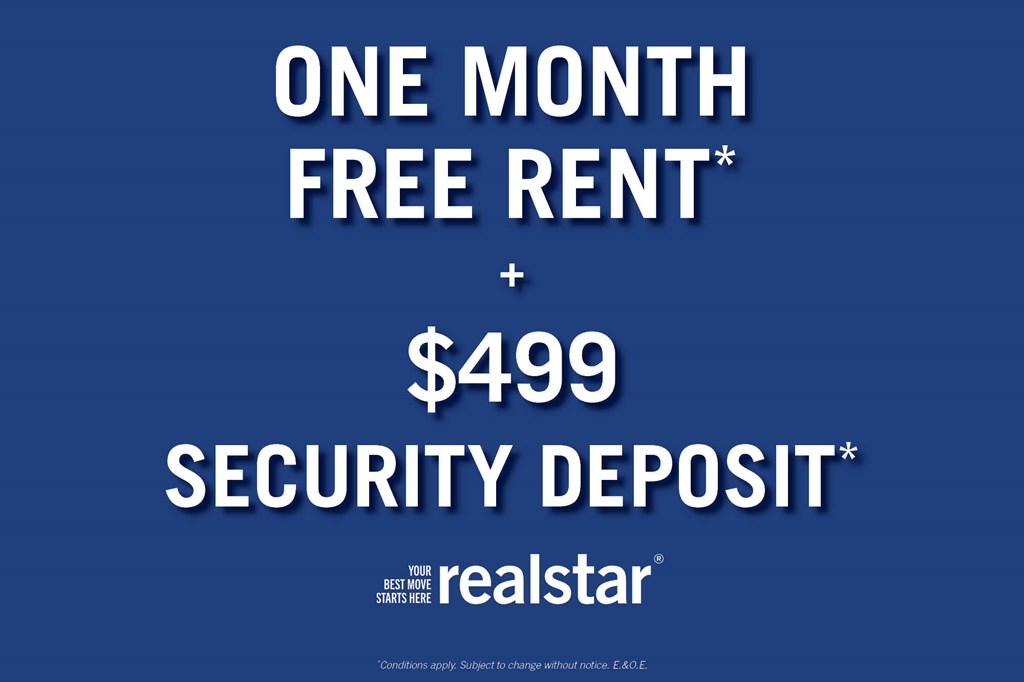 An advertisement for a one month free rent and $499 security deposit offer from realstar.