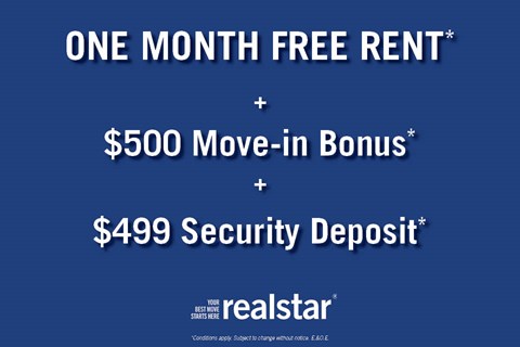 A promotional image for real estate offers a one month free rent, a $500 move-in bonus, and a $499 security deposit.