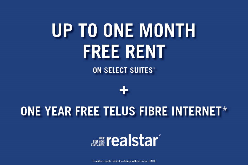 An advertisement for a free rent and free internet offer from Realstar.