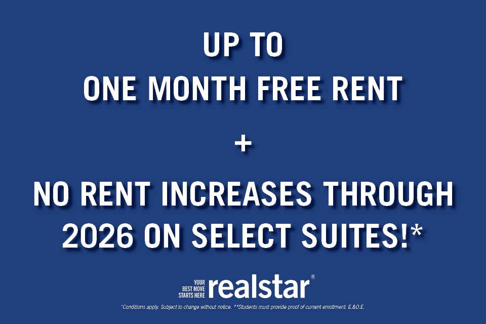 An advertisement for a free rent offer from Realstar.