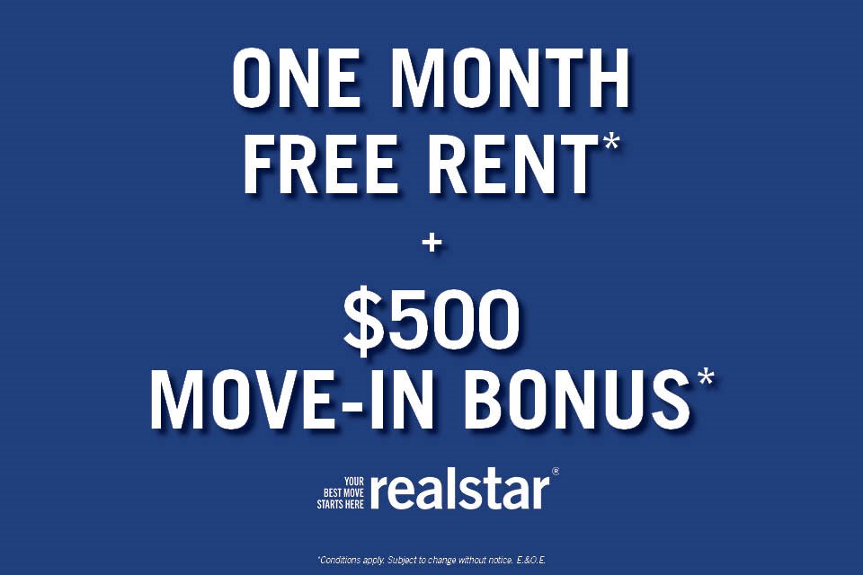 A promotional image for realstar offering one month free rent and a $500 move-in bonus.