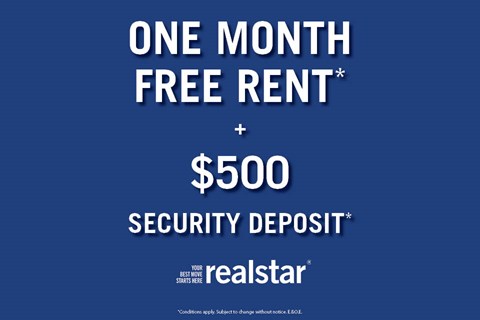 A promotional image for a one month free rent and $500 security deposit offer from realstar.