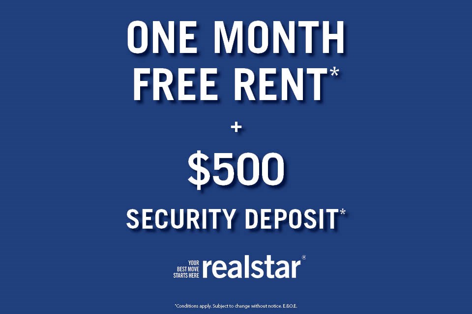 A promotional image for a one month free rent and $500 security deposit offer from realstar.