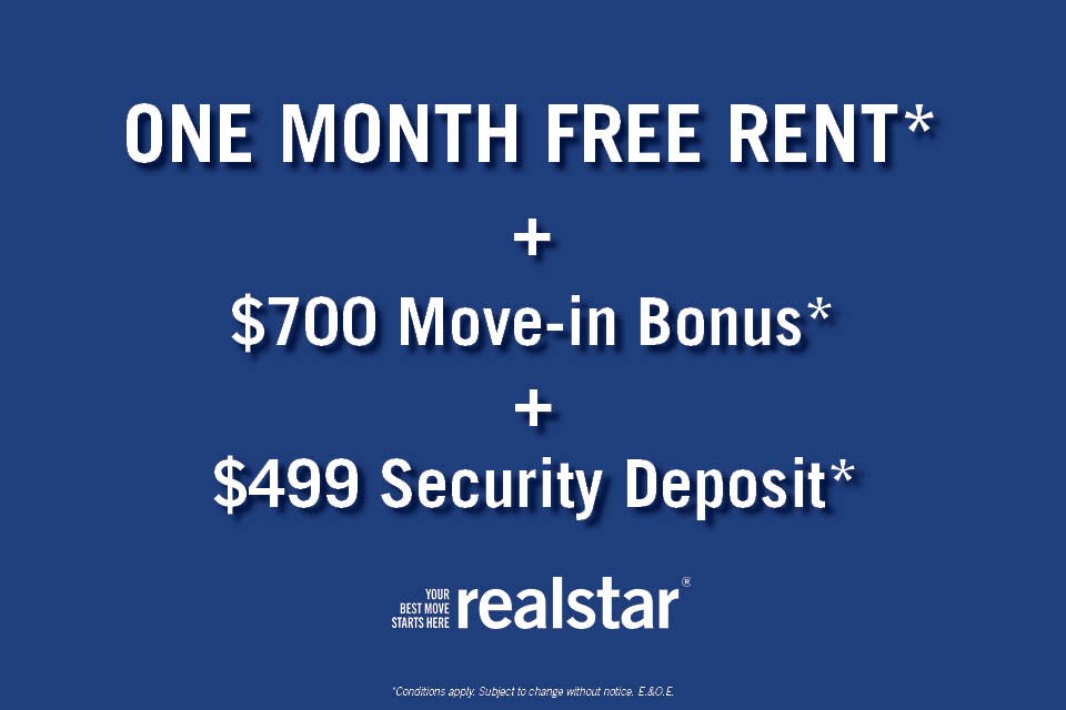 A promotional image for realstar offering a one month free rent, $700 move-in bonus, and $499 security deposit.