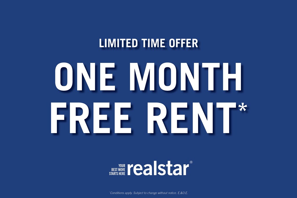 A blue advertisement for a limited time offer of one month free rent.