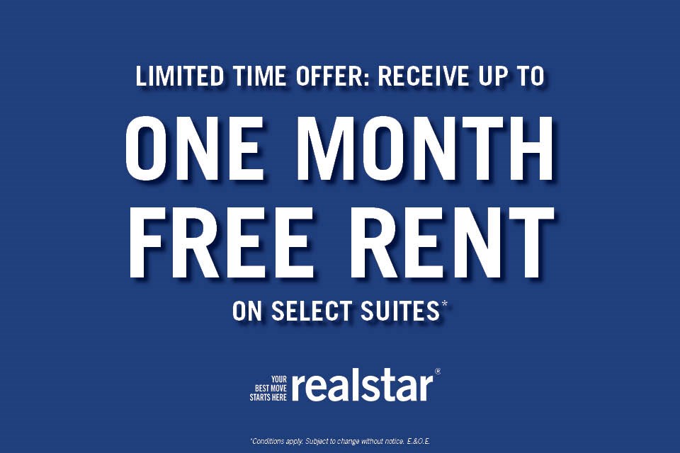 A promotional image for a limited time offer of one month free rent on select suites from Realstar.