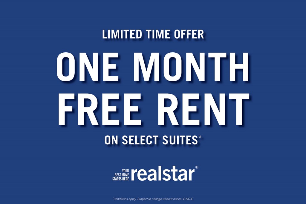 A blue advertisement for a limited time offer of one month free rent on select suites.