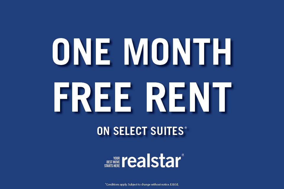 A blue advertisement for a one month free rent offer on select suites.
