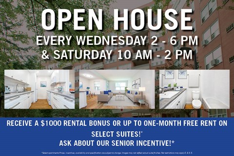 An advertisement for open house events on Wednesdays and Saturdays, offering a $1000 rental bonus or free rent on select suites.