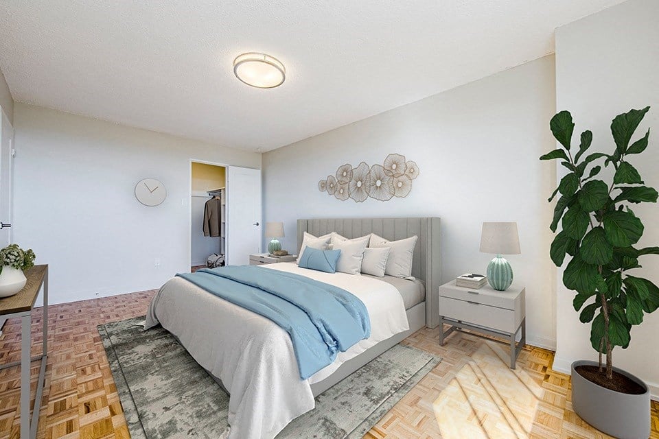 Primary bedroom, looking towards walk-in closet, at Park Place Apartments in Bradford, ON