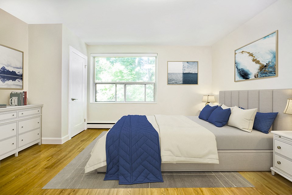 Park Towers Apartments image of bedroom looking towards window of a renovated 1 bedroom at 55 Carfrae in London, ON