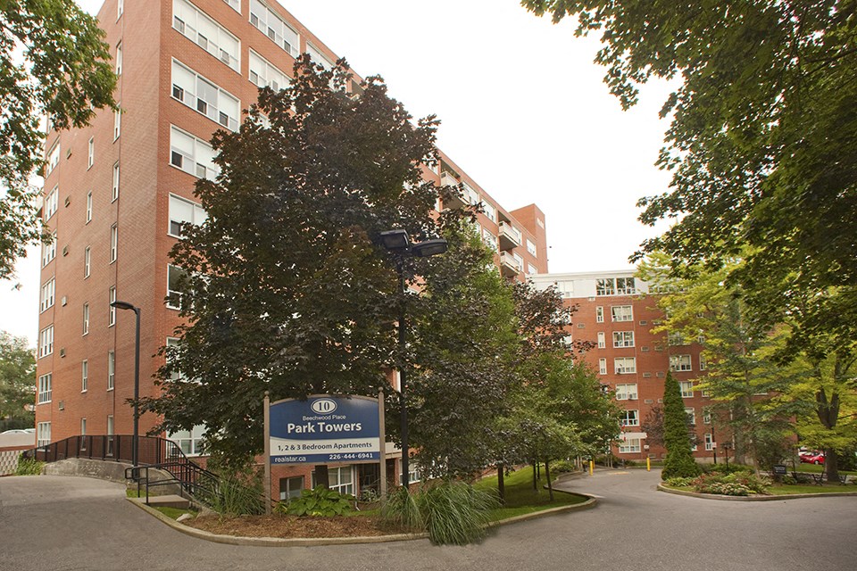 Park Towers Apartments image of property sign with building 10 Beechwood in background located in London, ON
