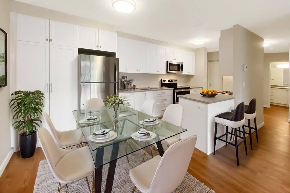 A modern kitchen with a glass dining table and chairs.
