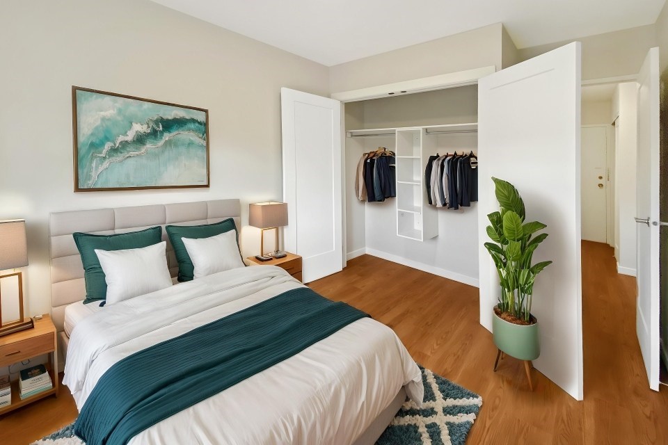 A bedroom with a large bed and a painting on the wall.
