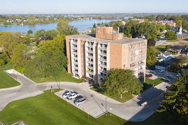 Exterior of building with lake views at Pickering Tower in Amherstburg, ON