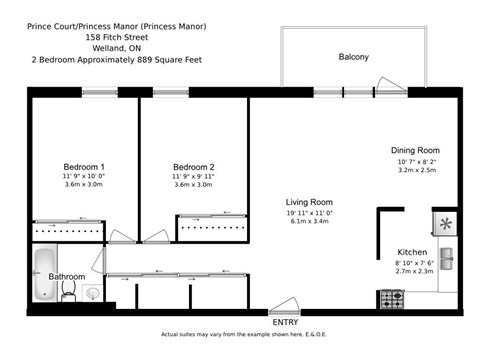 A floor plan of a 2 Bedroom Apartment at Prince Court/Princess Manor.