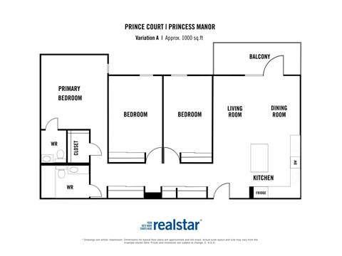 A floor plan for a Prince Court | Princess Manor apartment layout.