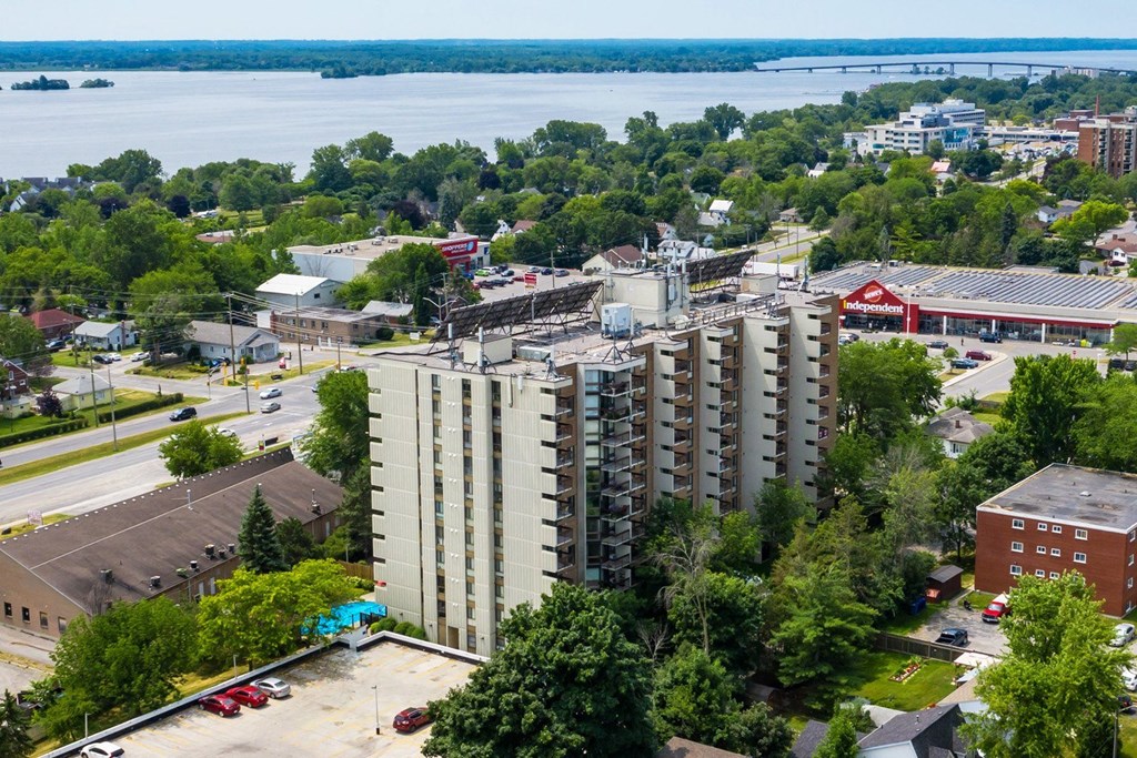 Prince William Apartments drone image of exterior of building in Bellville, ON